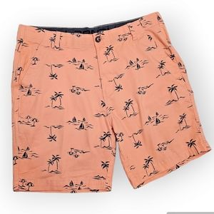 Denali Tropical Print Stretch Flat Front Shorts Melon & Navy Size 38